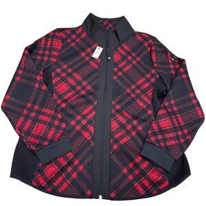 NEW Talbots Women's Fleece Back Jacket Plaid Pattern Red & Black Full-Zip, Sz L